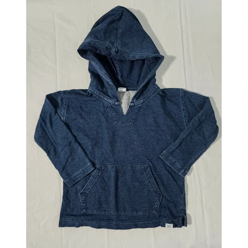 Baby Gap Toddler Boys Blue Denim Wash French Terry Hooded Pullover Sweater 4T
